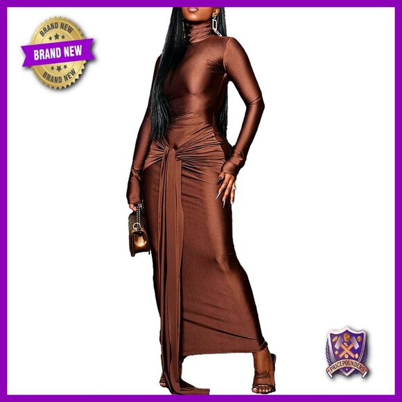 Dresses & Skirts - Long Sleeve Formal Maxi Dress Bodycon Ruched Tie Front Wedding Guest
